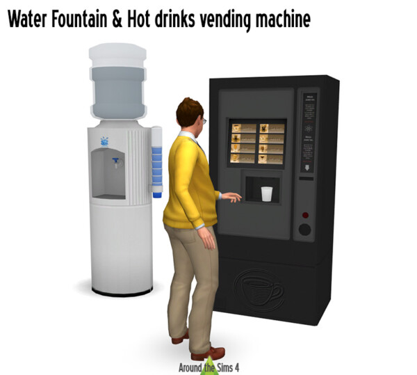 Functional hot drink vending machine and water fountain from Around The Sims 4