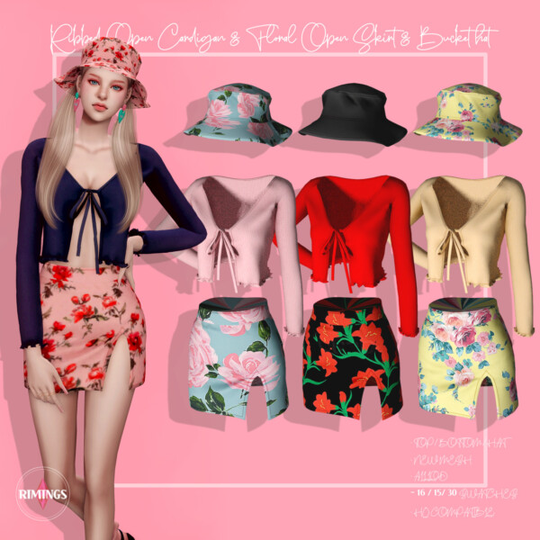 Ribbed Open Cardigan, Floral Open Skirt and Bucket hat from Rimings