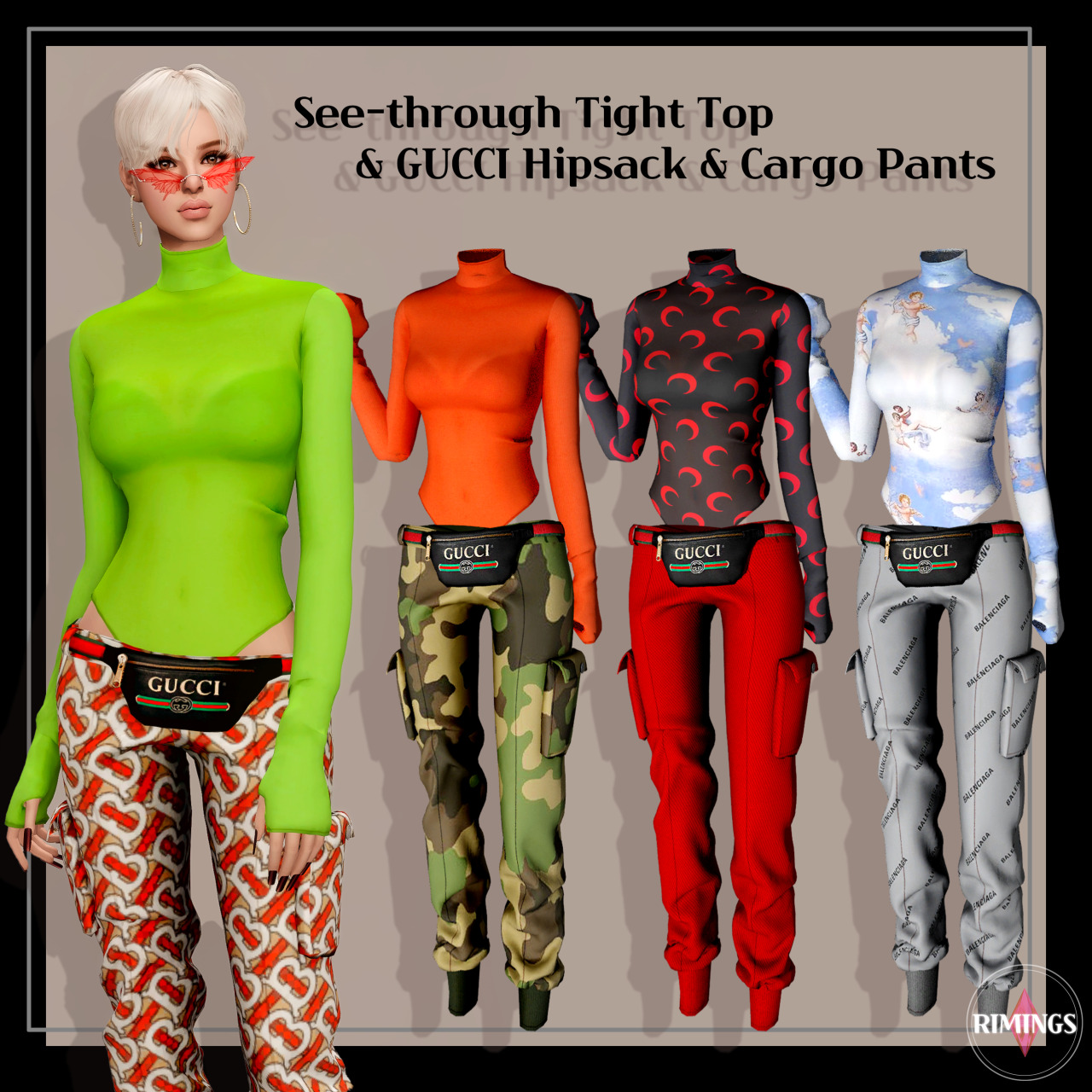 See-through Tight Top, Hipsack and Cargo Pants from Rimings • Sims 4 ...