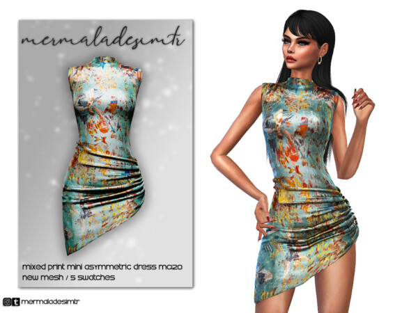 Mixed Print Mini Asymmetric Dress MC120 by mermaladesimtr from TSR