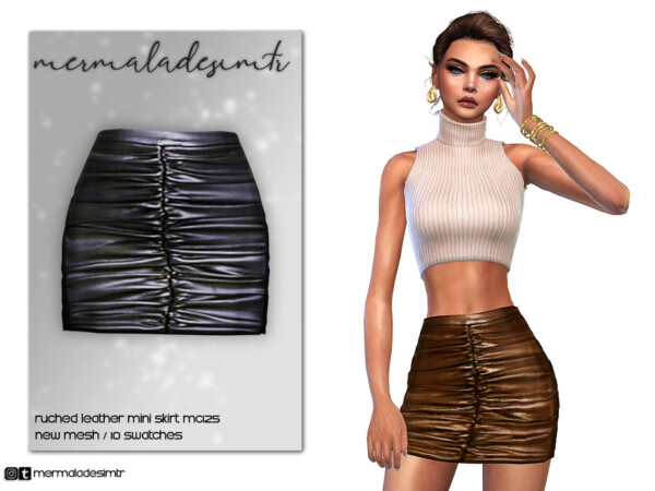 Ruched Leather Mini Skirt by mermaladesimtr from TSR