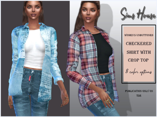 Womens unbuttoned checkered shirt with crop top by Sims House from TSR