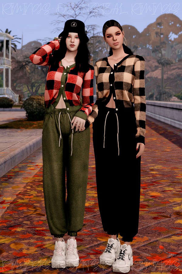 V neck Check Cardigan and Colorful Jogger Pants from Rimings