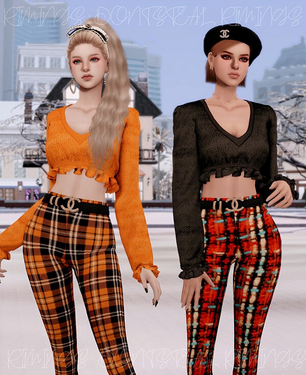 Frill Crop Knit Top and  Belt and Tight Pants from Rimings