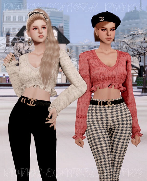 Frill Crop Knit Top and  Belt and Tight Pants from Rimings