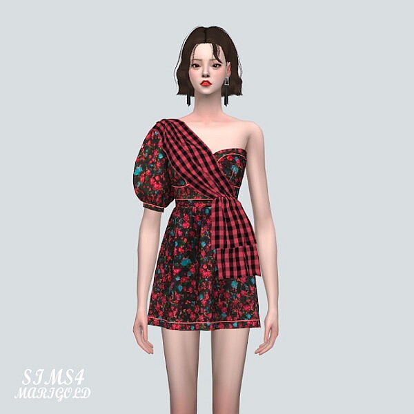 F Unbalance Puff Sleeves Mini Dress from SIMS4 Marigold