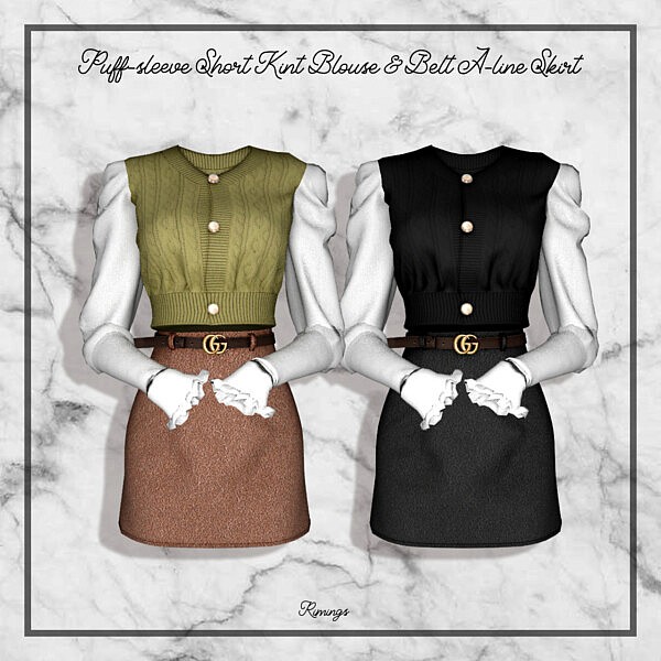 Puff sleeve Short Kint Blouse and Belt A line Skirt from Rimings