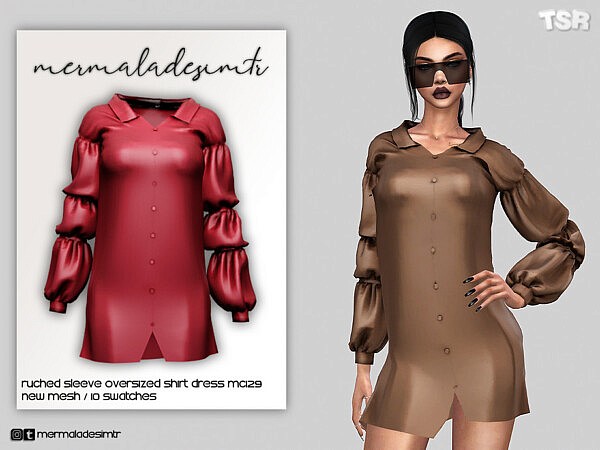 Ruched Sleeve Oversized Shirt Dress by mermaladesimtr from TSR