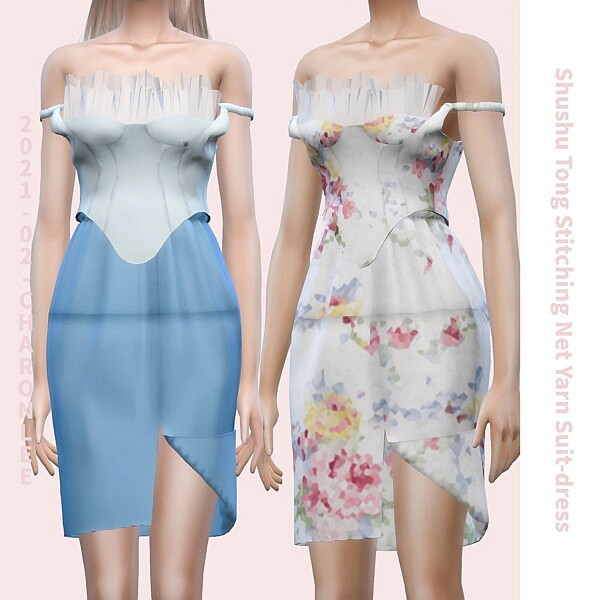 Stitching Net Yarn Suit Dress Sims 4 CC