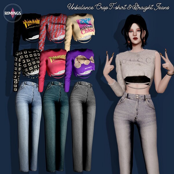 Unbalance Crop T-shirt and Straight Jeans from Rimings • Sims 4 Downloads