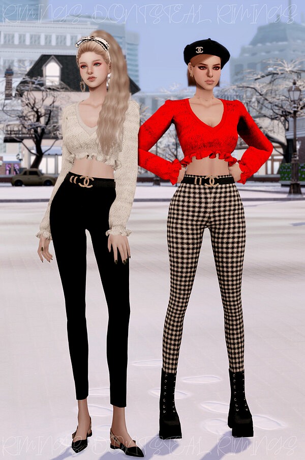 Frill Crop Knit Top, CH Belt and Tight Pants from Rimings