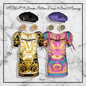 Baroco Pattern Dress Beret and Earrings sims 4 cc