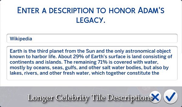 Longer Celebrity Tile Descriptions by lazarusinashes from Mod The Sims