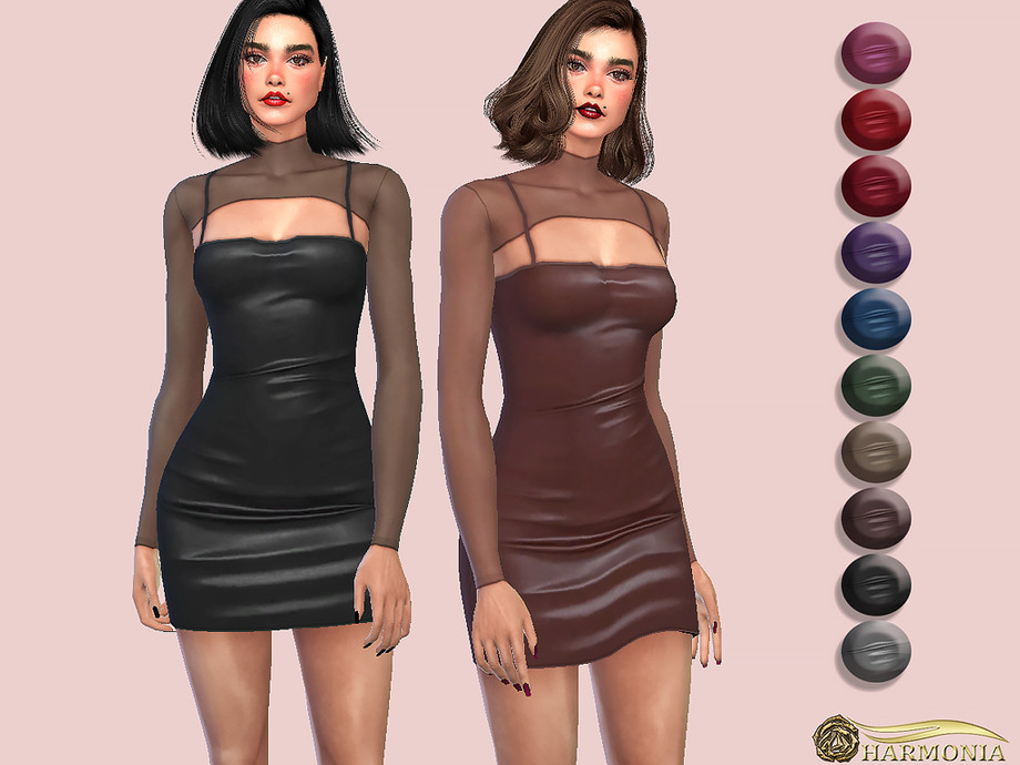 Mesh Layer Spaghetti Strap PU Bodycon Dress by Harmonia from TSR • Sims