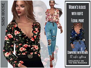 Womens blouse with ruffs Floral print sims 4 cc
