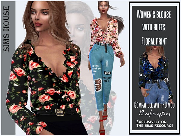 Womens blouse with ruffs Floral print by Sims House from TSR