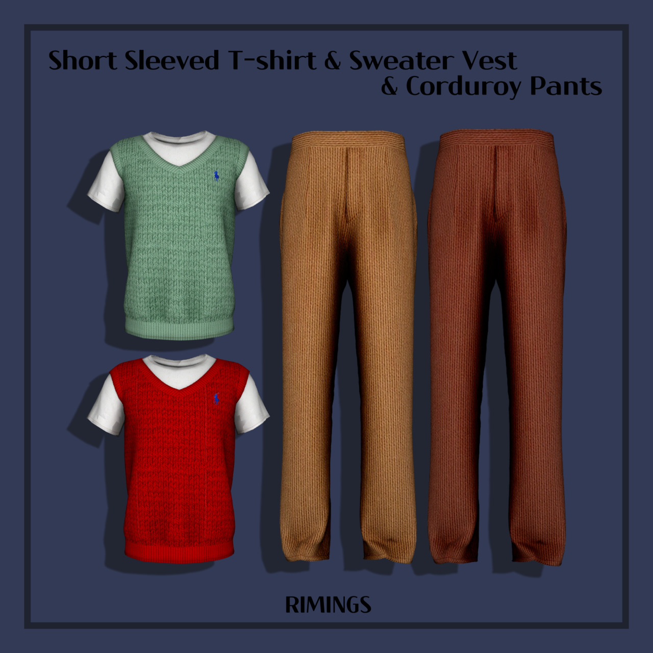 Short Sleeved Tshirt , Sweater Vest and Corduroy Pants from Rimings • Sims 4 Downloads