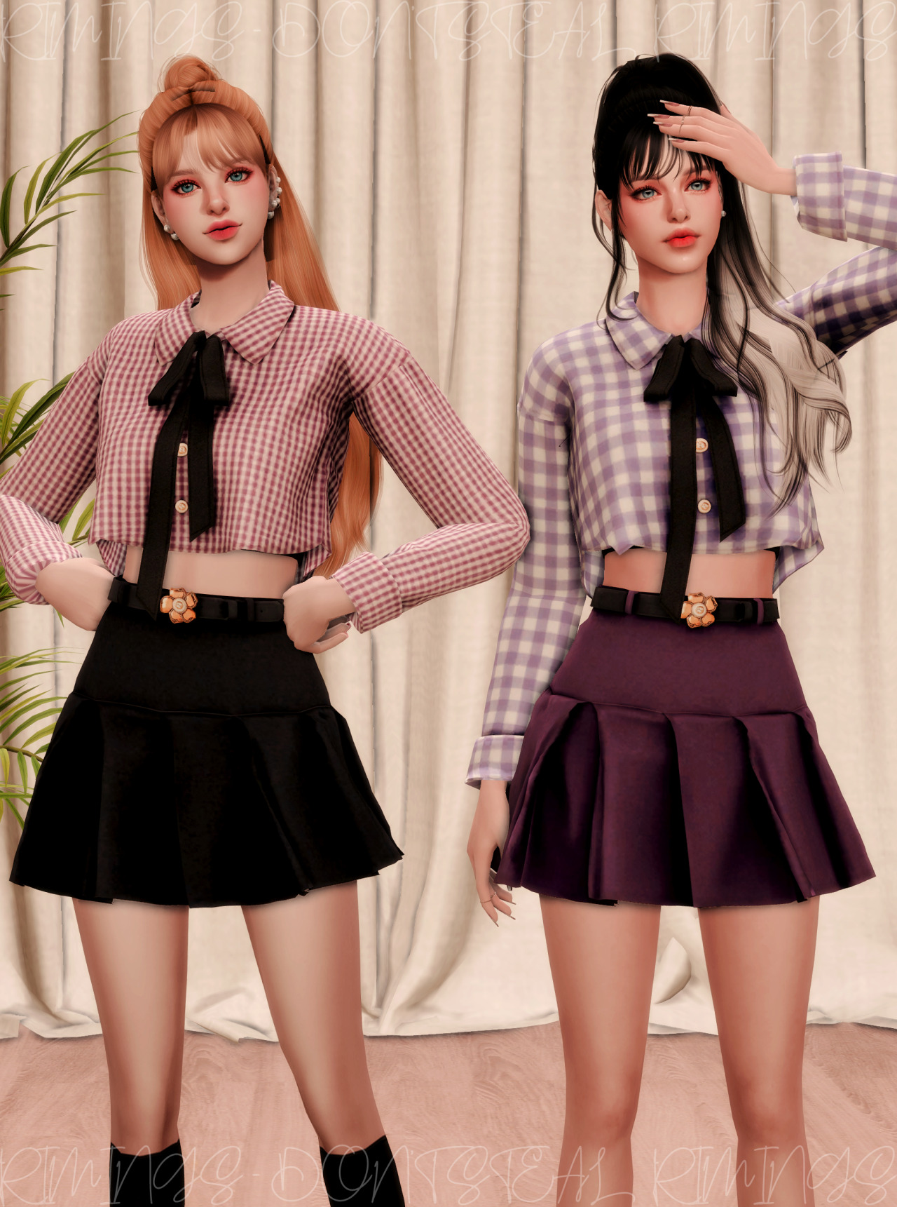 Ribbon Crop Shirt, Flower Belt and Pleats Skirt from Rimings • Sims 4 ...