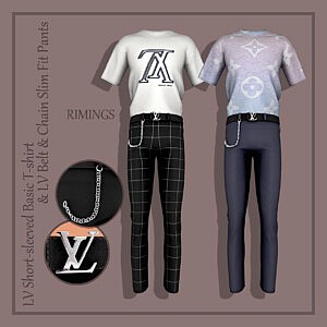 Short sleeved Basic T shirt Belt and Chain Slim Fit Pants sims 4 cc