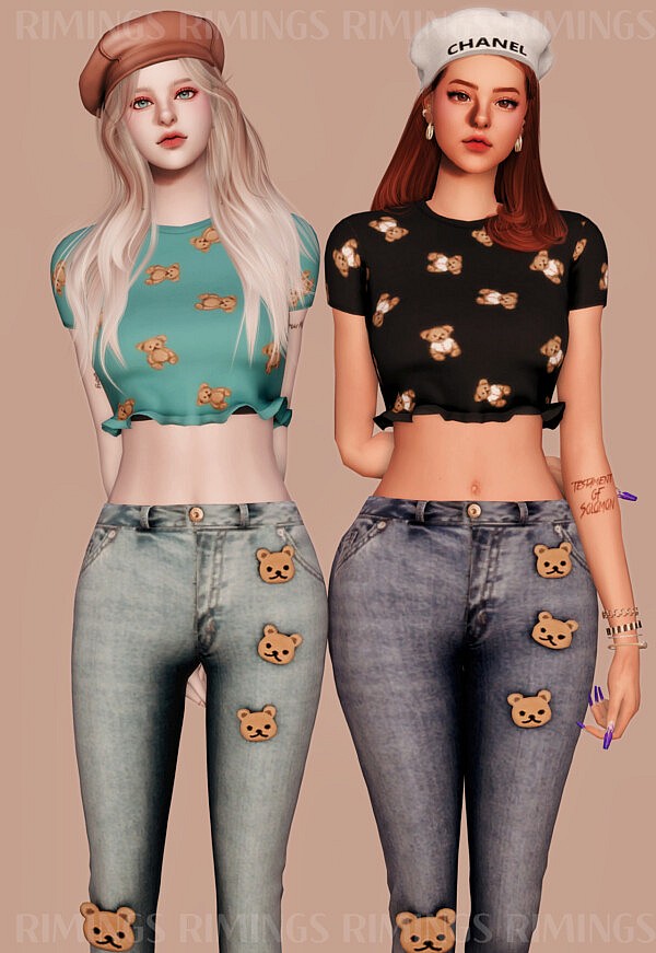Lovely Bear Pattern Crop Top and Jeans from Rimings