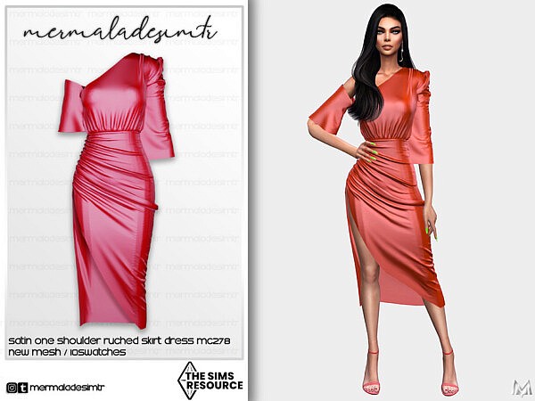 Satin One Shoulder Ruched Skirt Dress MC278 by mermaladesimtr from TSR