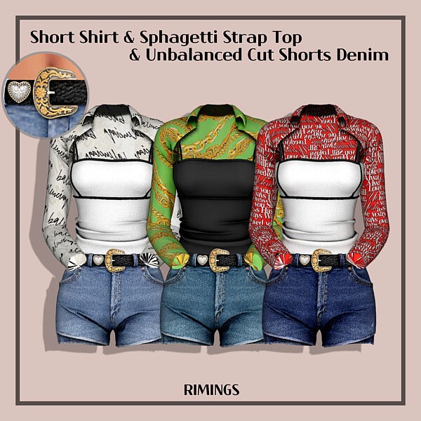 Short Shirt, Sphagetti Strap Top and Unbalanced Cut Shorts Denim from Rimings