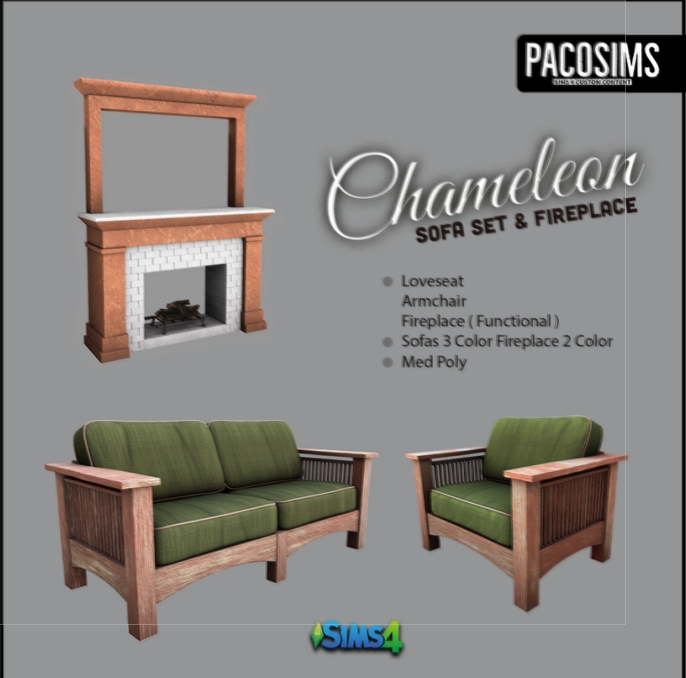 Chameleon Sofa Set and Fireplace from Paco Sims