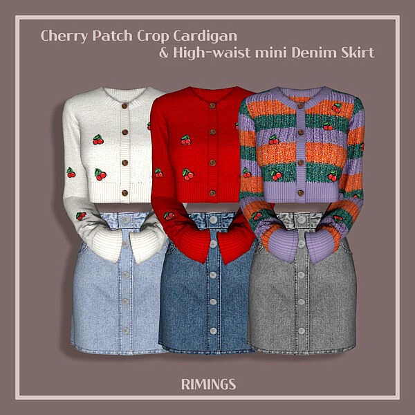 Cherry Patch Crop Cardigan & High waist mini Denim Skirt from Rimings