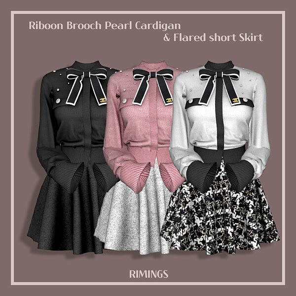 Riboon Brooch Pearl Cardigan & Flared short Skirt from Rimings
