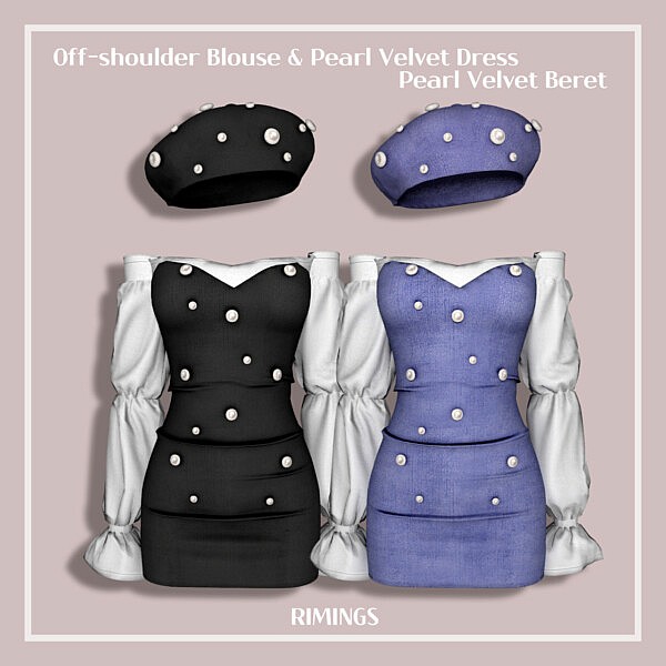 Off shoulder Blouse & Pearl Velvet Dress & Beret from Rimings