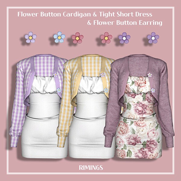 Flower Button Cardigan & Tight Short Dress & Flower Button Earrings from Rimings